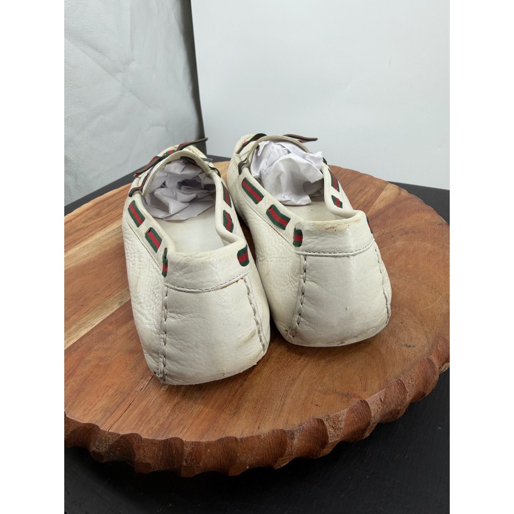 Gucci Driving Loafers men’s 9.5 White Leather Web Stripe Bow Slip On Shoes - Picture 5 of 11